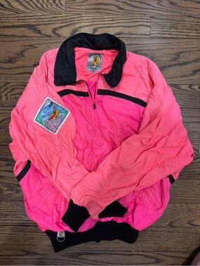 Vintage-Inspired Neon Pink Windbreaker Jacket with Black Trim